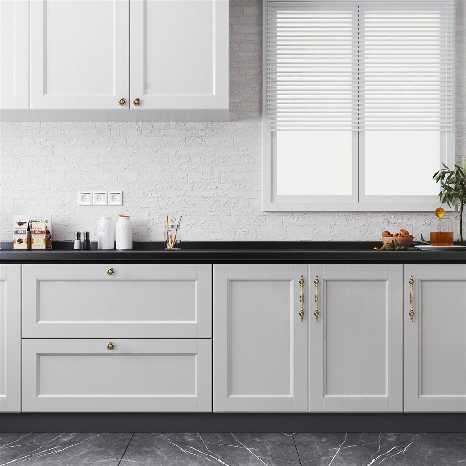 5 Pack Solid Brass Cabinet Handles 5 inch Hole Center Cabinet Pulls Brushed Antique Brass Cabinet Pulls for Kithchen, Bathroom, Closet