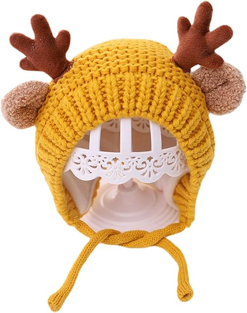 Shenbo Reindeer Baby Hat, Newborn Baby Antler Hat Winter, Toddler Warm Soft Cotton Wool Cap Cute Knit Hat Infant Thick Fleece Caps For Baby Girls Boys