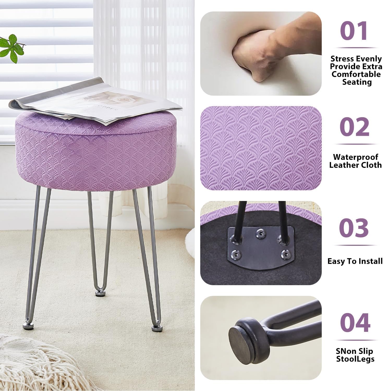 Cpintltr Vanity Stool - Velvet Ottoman Bench, Round Modern Dressing Stool, Small Side Table Footstool with Metal Leg, Purple
