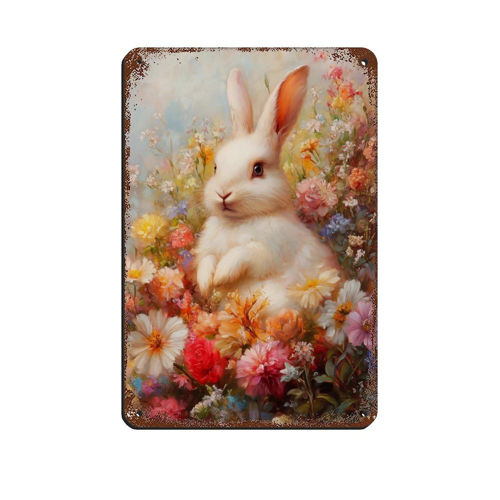 Whimsical Bunny in Blooming Garden Oil Painting Retro Poster Metal Tin Sign Chic Art Retro Iron Painting Bar People Cave Cafe Family Garage Poster Wall Decoration 8x12inch(20x30cm)