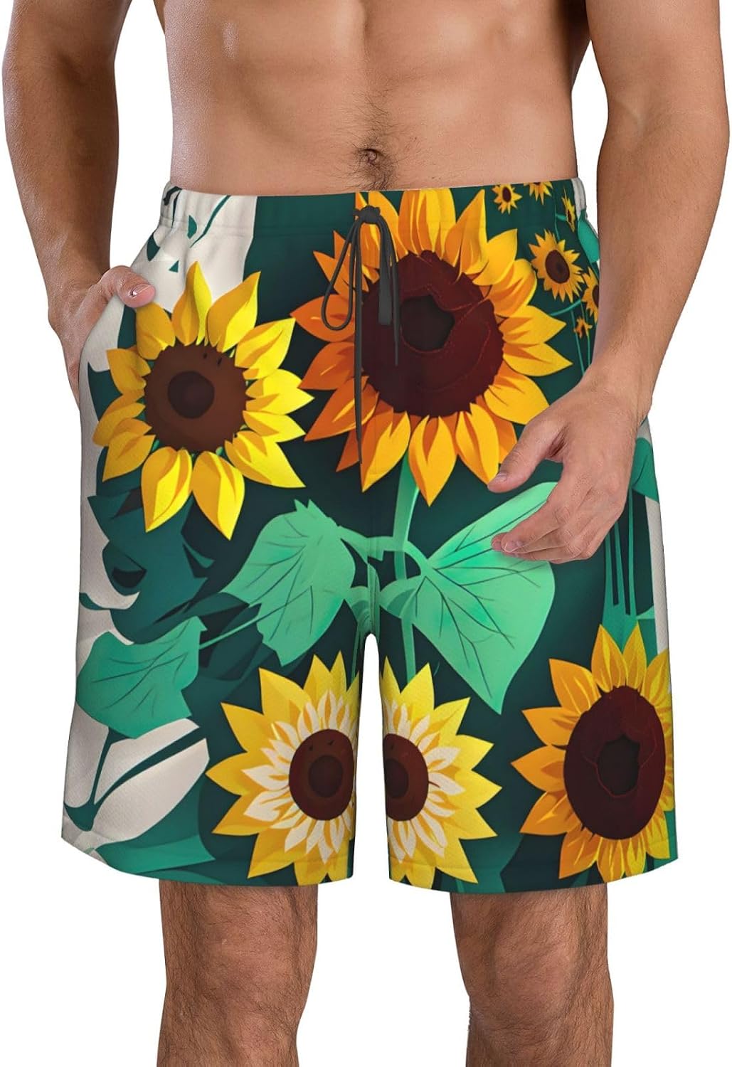 Mens Sunflower Bee Print Beach Shorts,Casual Summer Shorts for Men,Quick Dry Polyester
