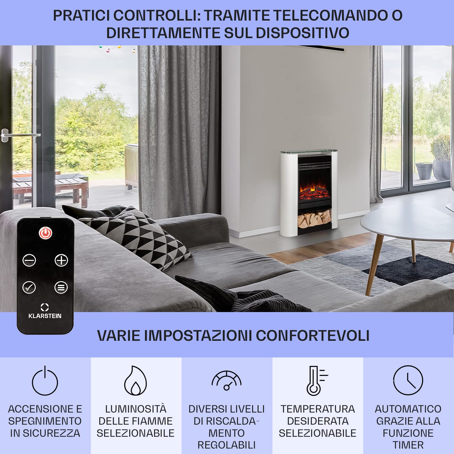Klarstein Camino Elettrico, Camino da Parete con Mensola, Riscaldamento Elettrico con Fiamma LED, Caminetto 1800W, Finto Telecomando, Timer, Controllo Temperatura, Termocamino