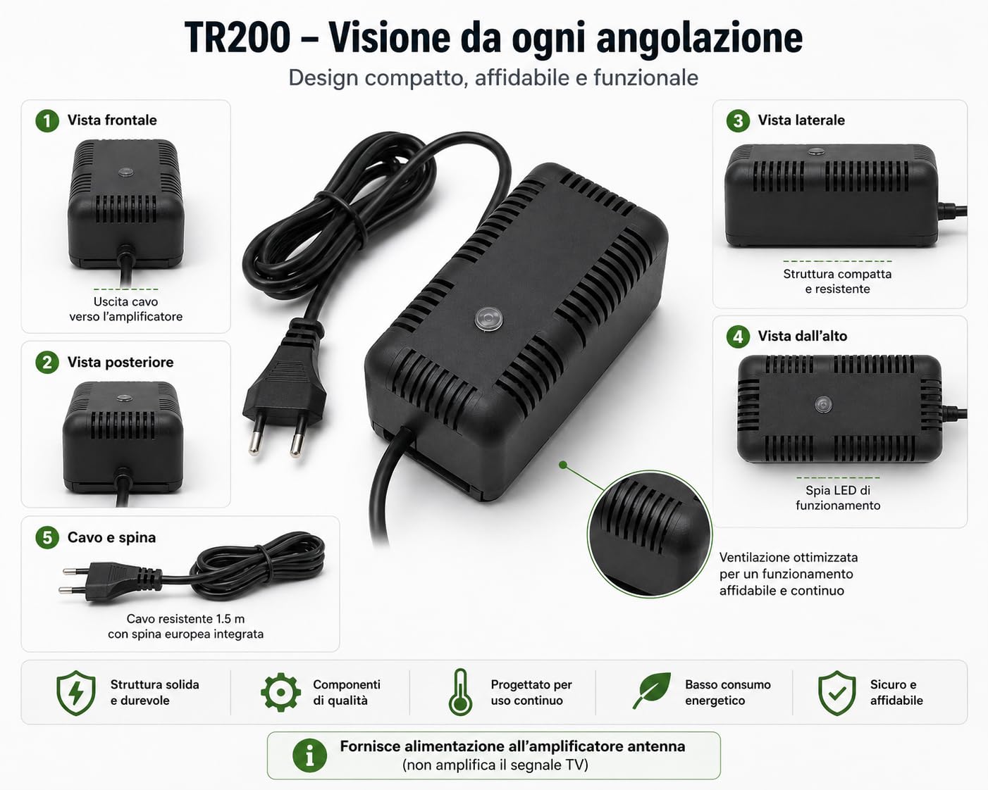 Alimentatore per Amplificatore Antenna TV 12V 200mA – NON è un Amplificatore di Segnale – Solo Alimentazione, Modello TR200 con Morsetti a Vite (Cavo Spellato) – Uso Tecnico Impianti Antenna