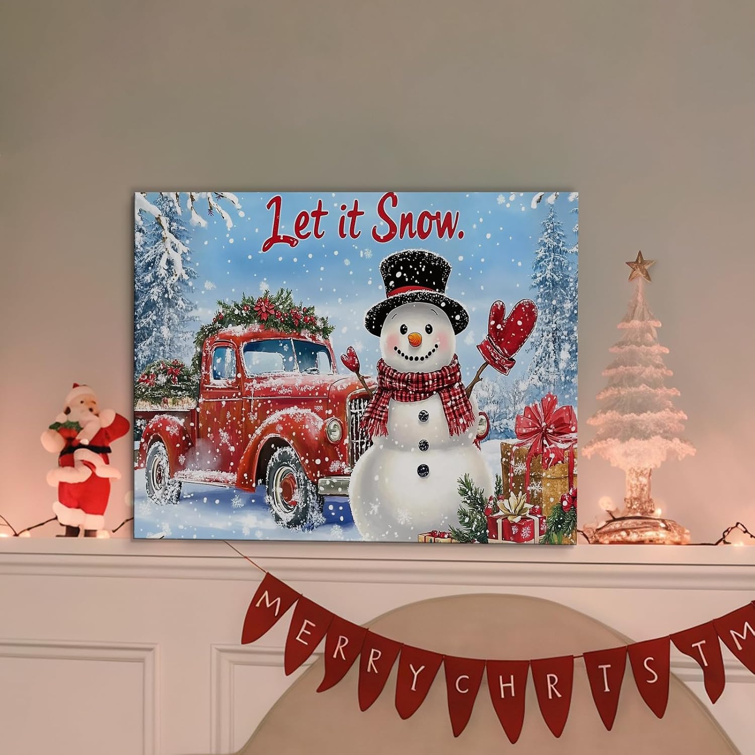 Craftline - Vintage Snowman Red Truck Christmas Canvas Wall Art, Let it Snow Festive Winter Decor, Santa Christmas Gifts, Rustic Cottage Farmhouse Landscape Framed 16x12 Print for Entryway