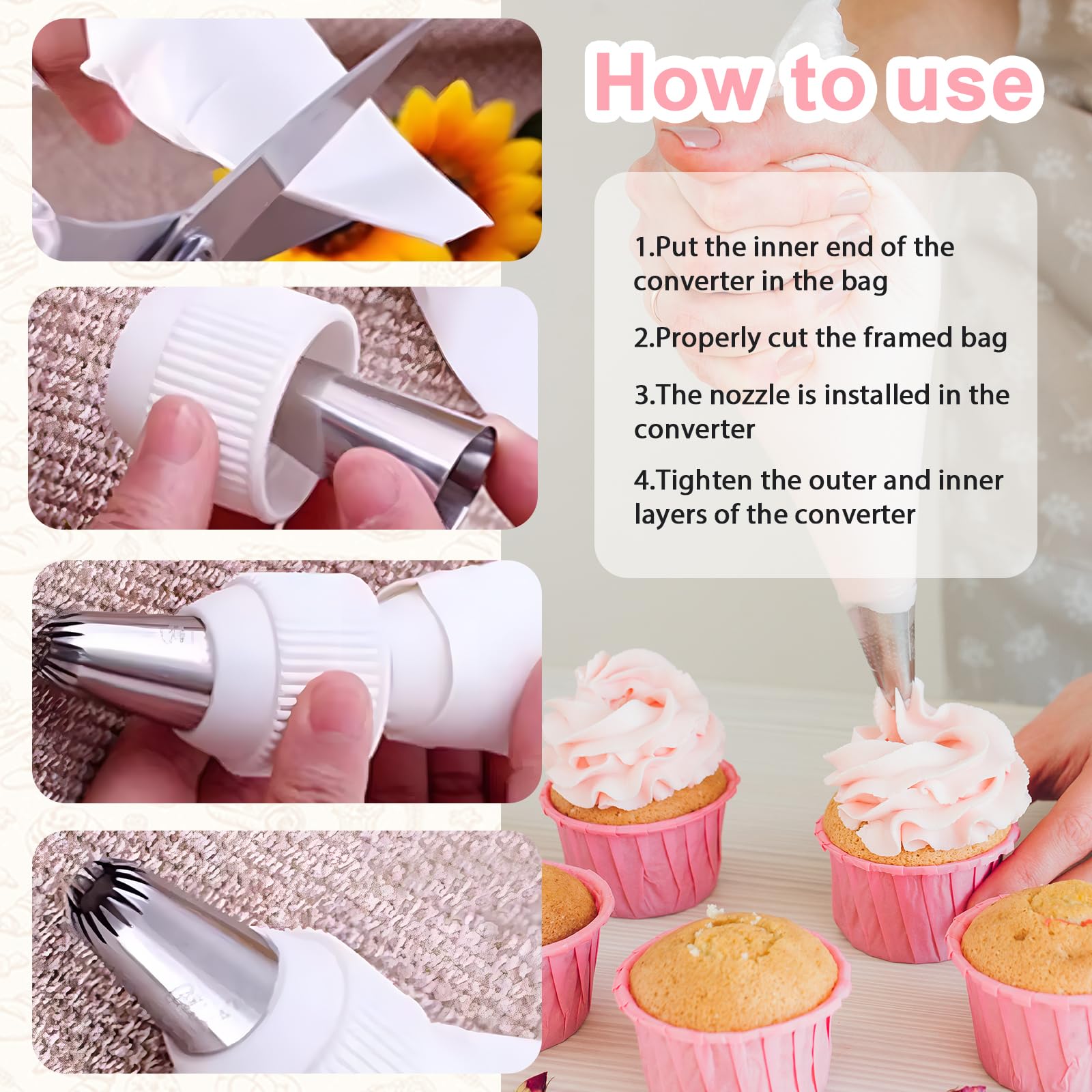 Kit Poche à Douille Pâtisserie – 1 Poche, 9 Douilles Inox, 1 Adaptateur – Pour Décorer Gâteaux, Cupcakes, Muffins