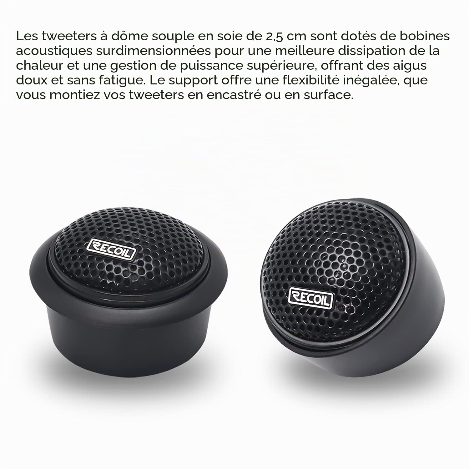 RECOIL RET1 Tweeter Voiture Dôme Soie Néodyme 2,5cm Crossover 3 Niveaux | 100W Max, 50W RMS, 92dB, Montage Surface/Angle/Encastré – Paire