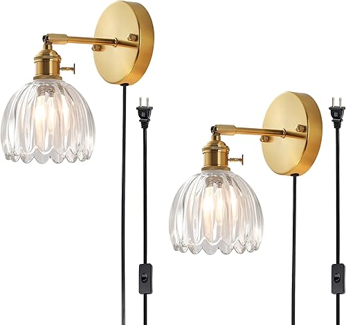 Apliques de pared enchufables y cableados, lámpara de pared vintage de lujo con pantalla de cristal de tulipán con interruptor para mesita de noche,