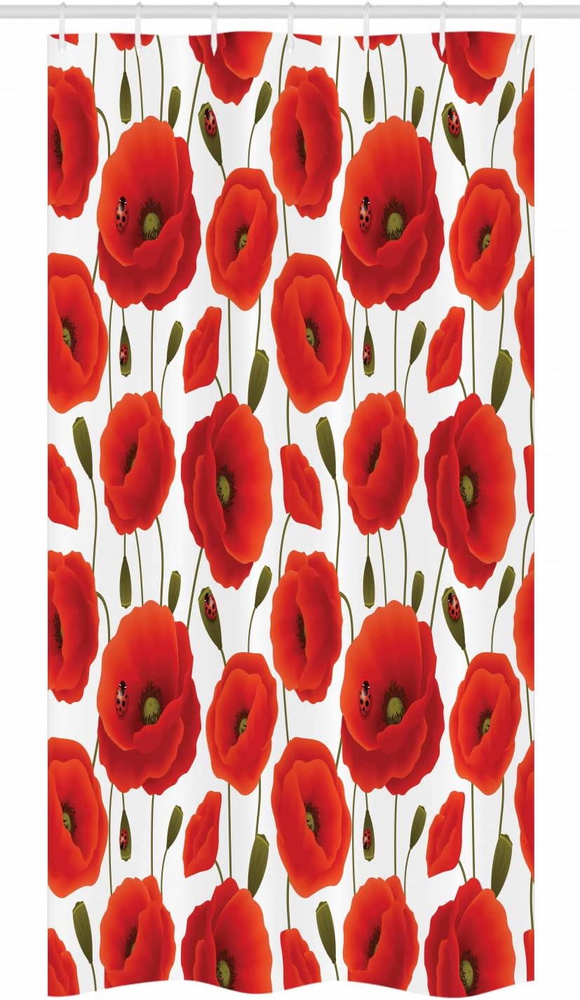 Ambesonne Ladybugs Stall Shower Curtain, Floral Pattern of Poppy Flowers in Vibrant Colors Rural Country Surroundings, Fabric Bathroom Decor Set with Hooks, 36" W x 72" L, Green Red White