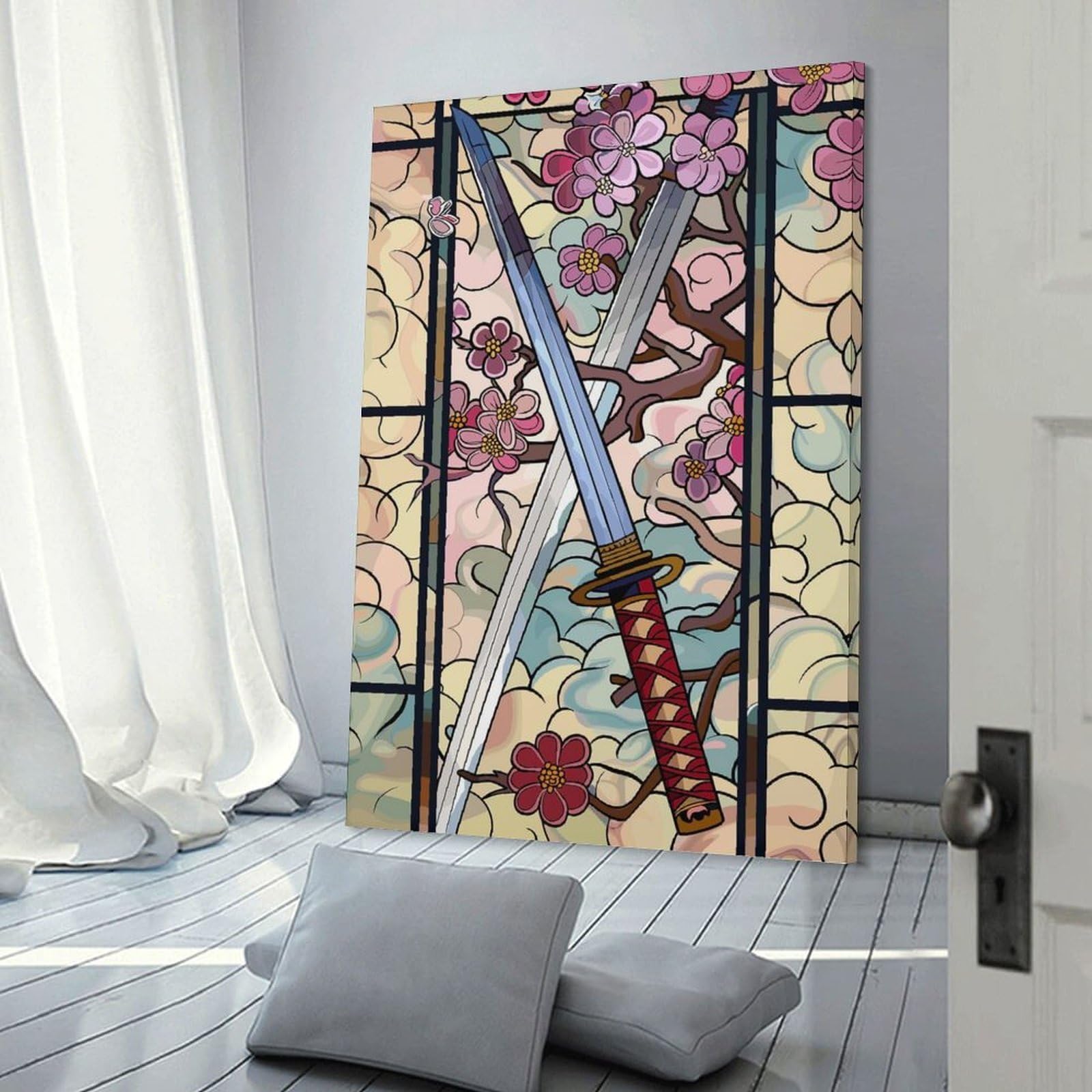 Junmoney Samurai Swords And Cherry Blossoms Canvas Art Print 16x24inch(40x60cm), for Feature Walls in Flats Or Modern Rooms, Ideal for Building A Coordinated Art Wall