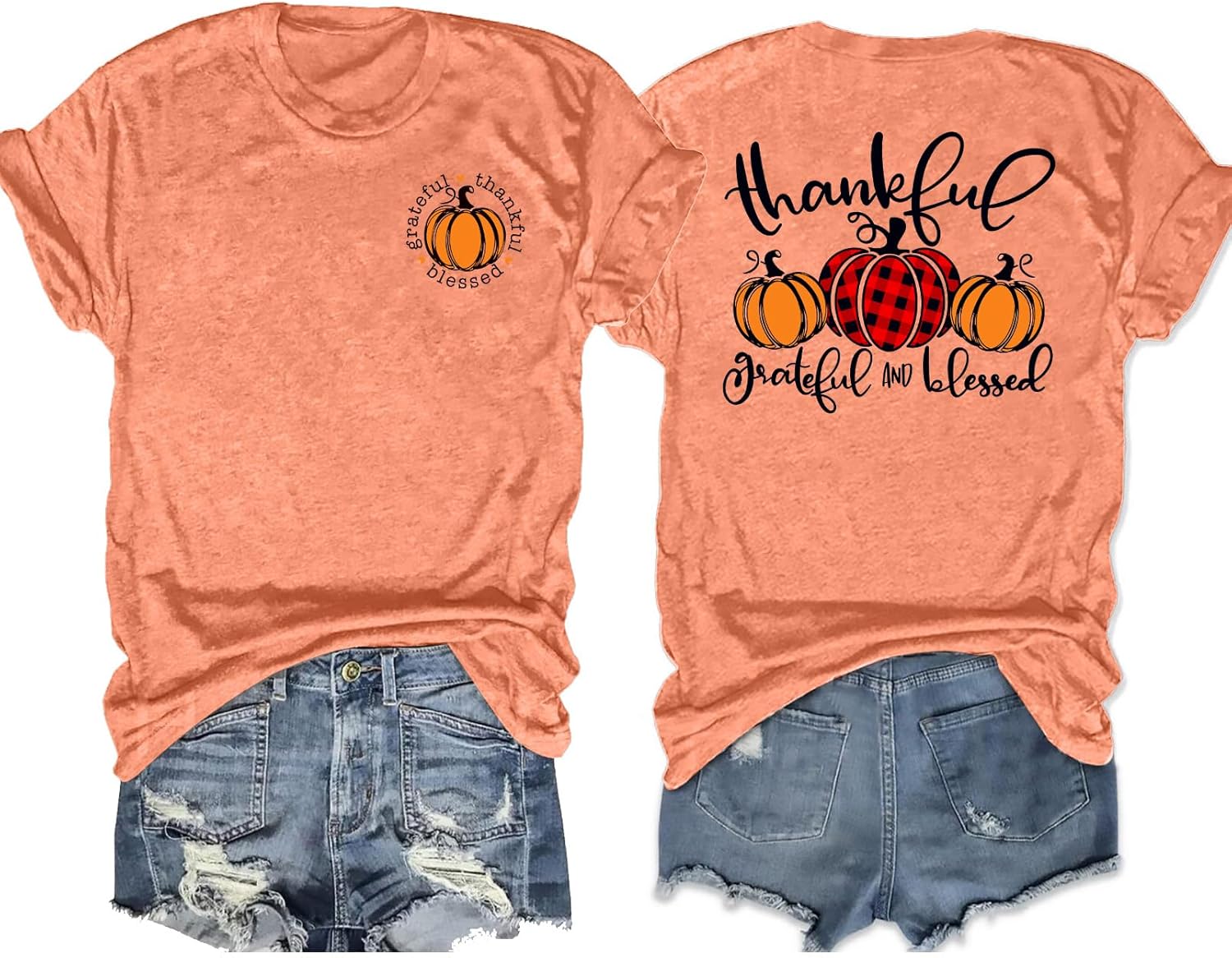 Thanksgiving Shirts for Women: Thankful Grateful Blessed Shirt Fall Pumpkin Tshirts Casual Short Sleeves Tops
