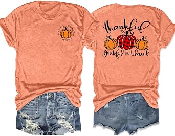 Thanksgiving Shirts for Women Thankful Grateful Blessed Shirt Fall Pumpkin Tshirts Casual Short Sleeves Tops