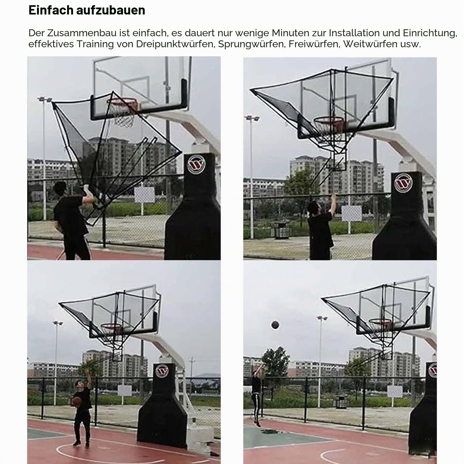 Basketball Rebounder Rücklaufsystem Hängende schwarze Basketball-Schuss-Trainingshilfe, Einfach einzurichtende Basketball-Schussrückgabevorrichtung aus Metall, 180° drehbares Schießübungs-Basketball-R