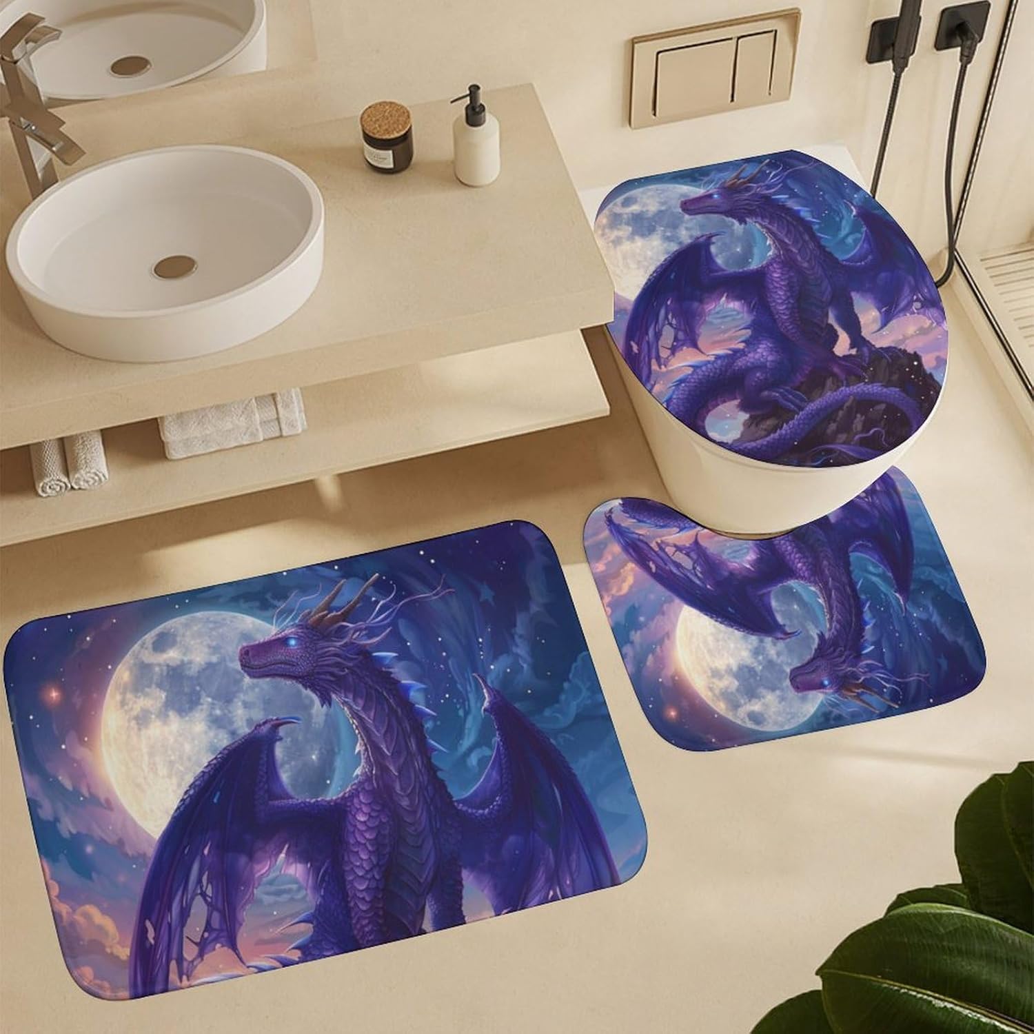 4 Piece Vintage Dragon Shower Curtain Set with Rugs, Watercolor Moon Cartoon Animal Include Bathroom Non-Slip Floor Mat, U-Shaped Bath Rug and Toilet Cover Lid with 12 Hooks