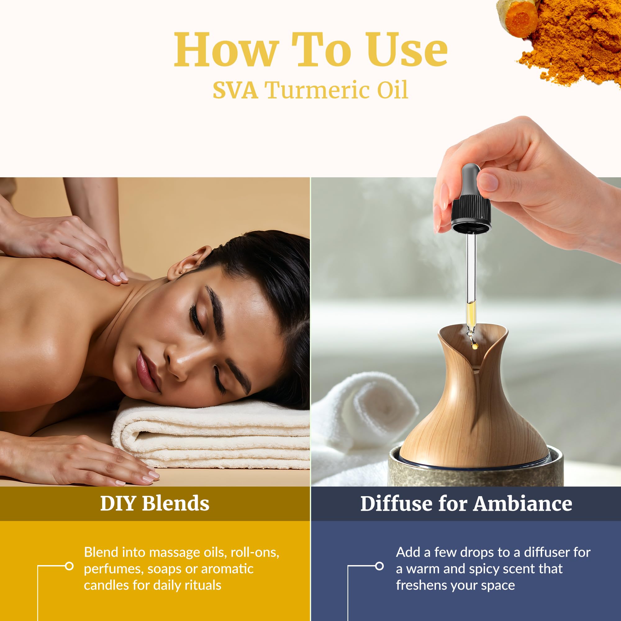SVA ORGANICS, Olio Essenziale di Curcuma, Aroma Molto Forte, Grado Terapeutico 100% Puro e Naturale, per Massaggio Ayurvedico e Relax, Aromaterapia, Skincare, 4 Fl Oz (Confezione da 1)