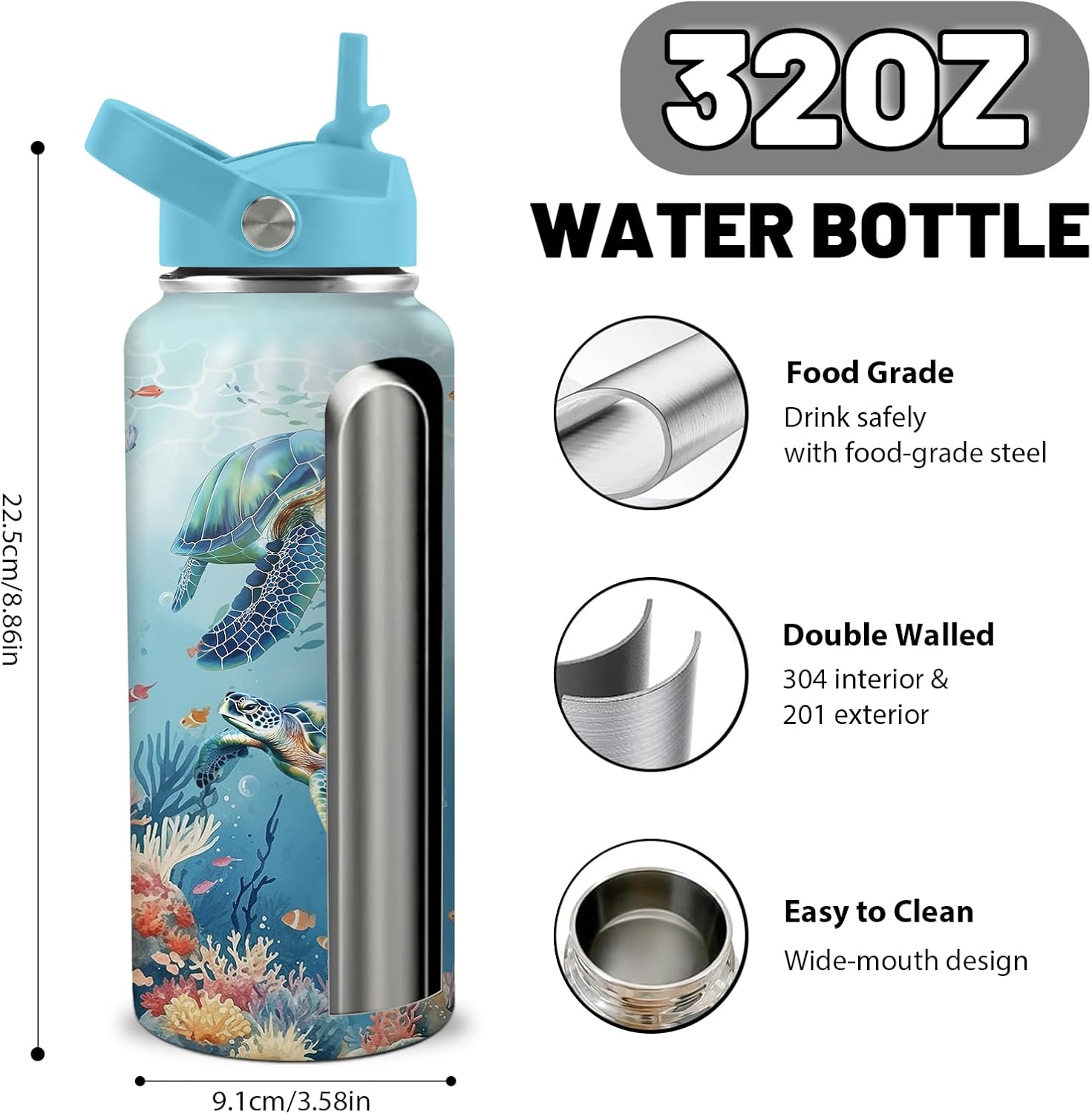 Sea Turtle Water Bottle Gifts for Women - 32oz Ocean Themed Insulated Water Bottle with Straw - Turtle Gifts for Marine Lover - Sea Turtles Stainless Steel Coffee Cup for Sports, Gym, Travel, School