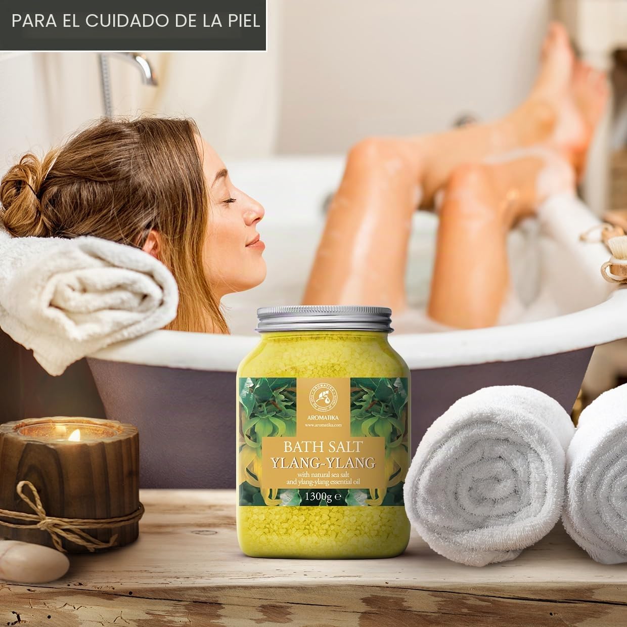 Sal de Baño con Aceite Esencial Ylang Ylang - 1300g - Espuma de Baño - Baños de Burbujas - Cuidado del Cuerpo - Buen Sueño - Bienestar - Relajación - Aromaterapia - Aroma Ylang