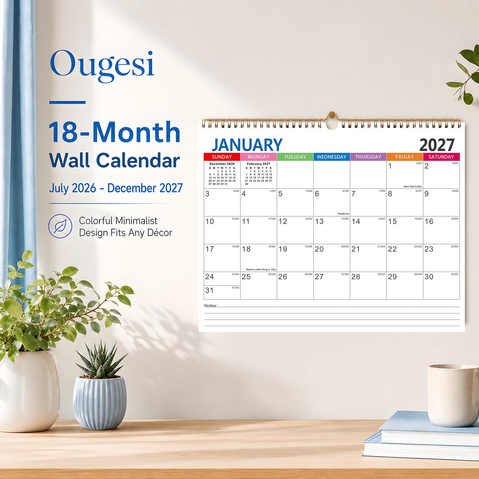 Wandkalender 2026-2027, 18 Monate akademischer Kalender, Juli 2026 - Dezember 2027, 35,6 x 27,9 cm, monatlicher Wandkalender mit dickem Papier für Büro, Zuhause, minimalistisch