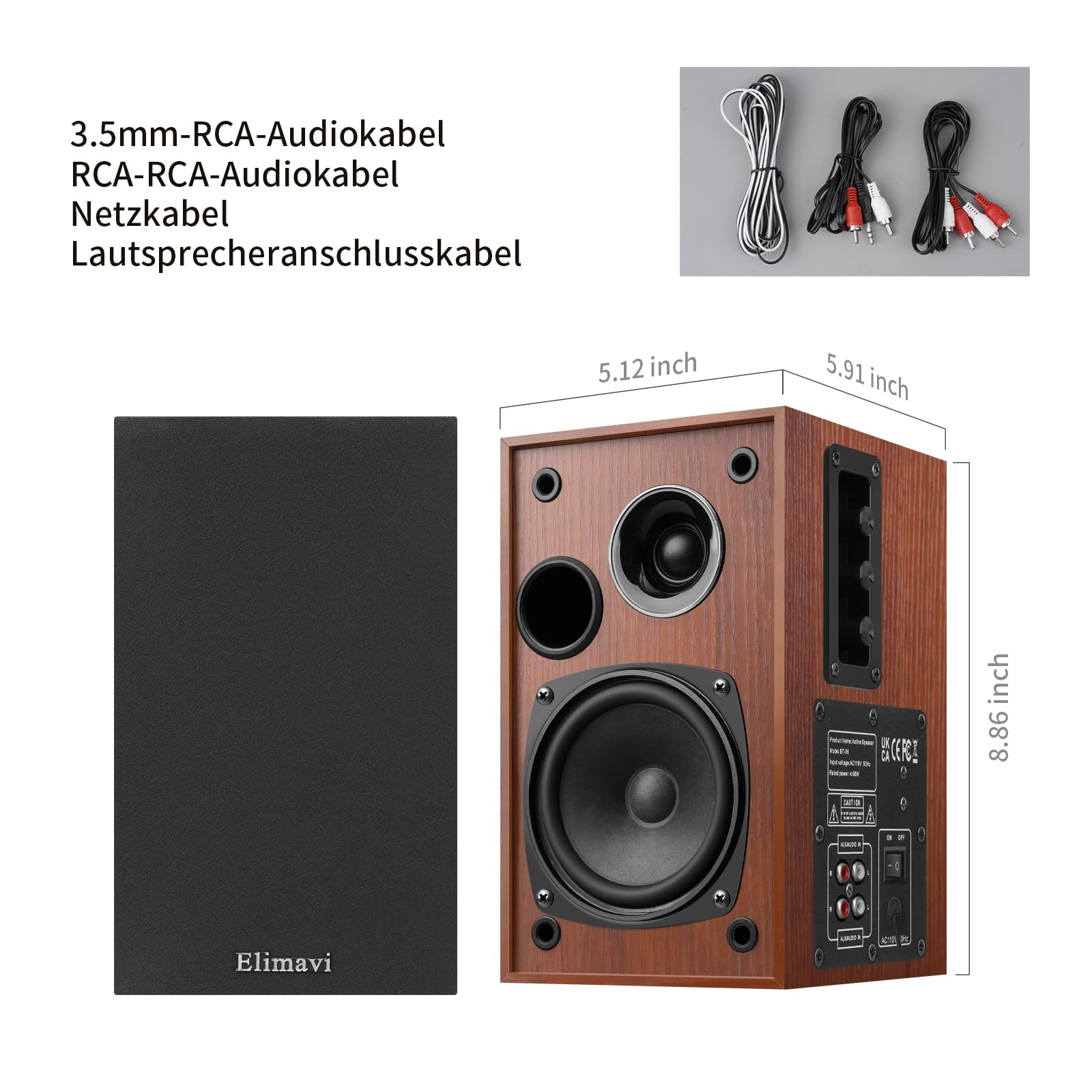 Elimavi Aktive Regallautsprecher 35W RMS, Ausgestattet mit 4 Zoll Woofer und 1 Zoll Tweeter, unterstützt Wandmontage, mit RCA-Eingang, kompatibel mit Fernsehern, PCs und Plattenspielern, Gelb