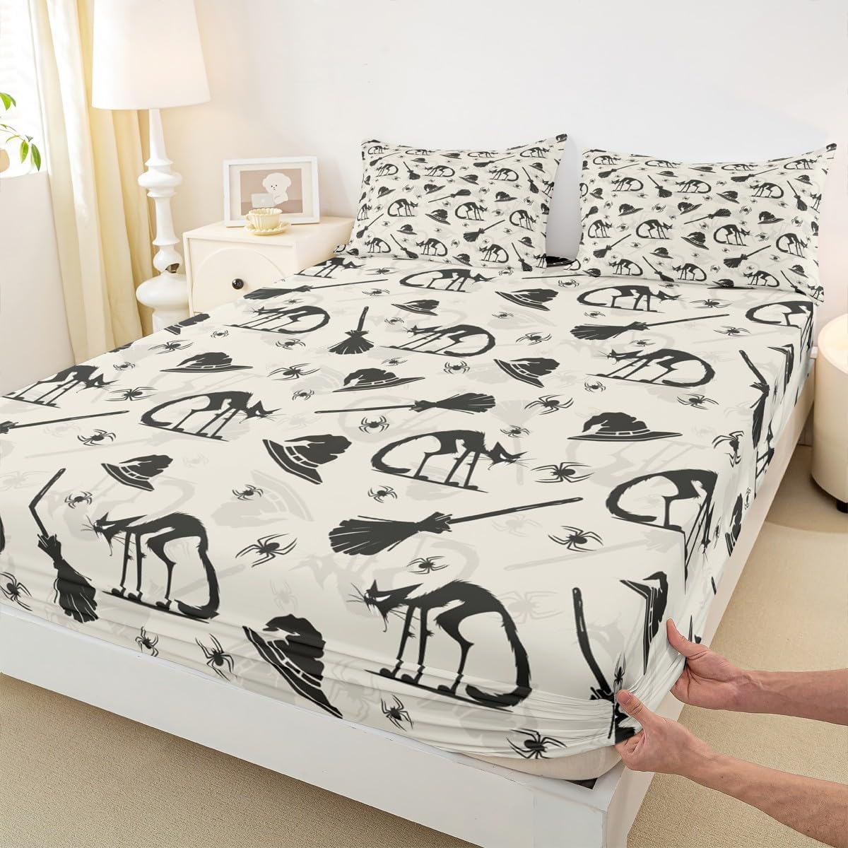 Black Cat Fitted Sheet Witch Hat Bed Sheets Gothic Spider Bedding Set - Full Size, Besom Halloween Home Decor