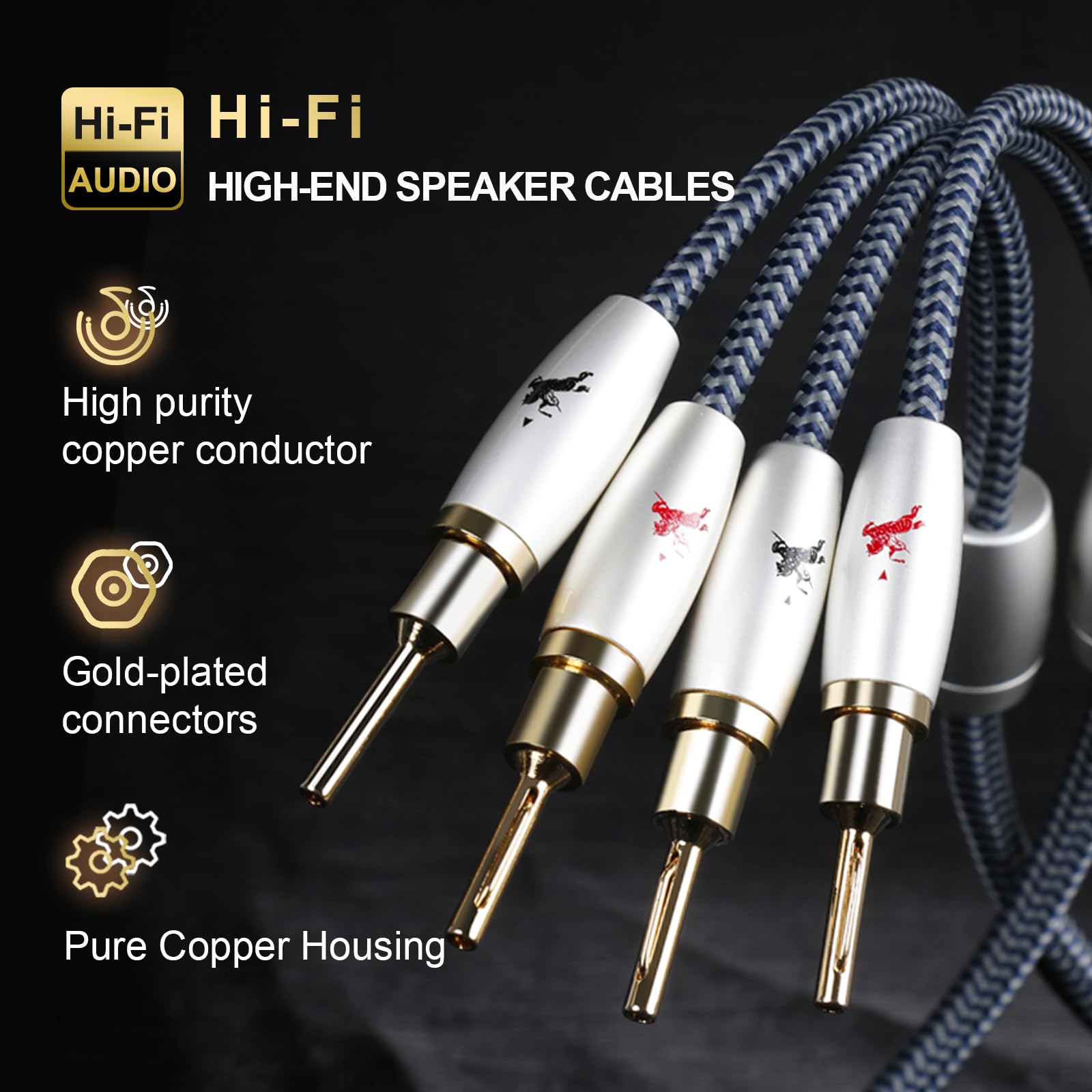 Impeto Audiophile A paar OFC Lautsprecherkabel mit bananenstecker （2pc, 2m） | Hochwertiges Lautsprecherkabel, 24K vergoldete Bananenstecker, Metallgehäuse, hochreiner Kupferleiter, Gut Klangqualität.