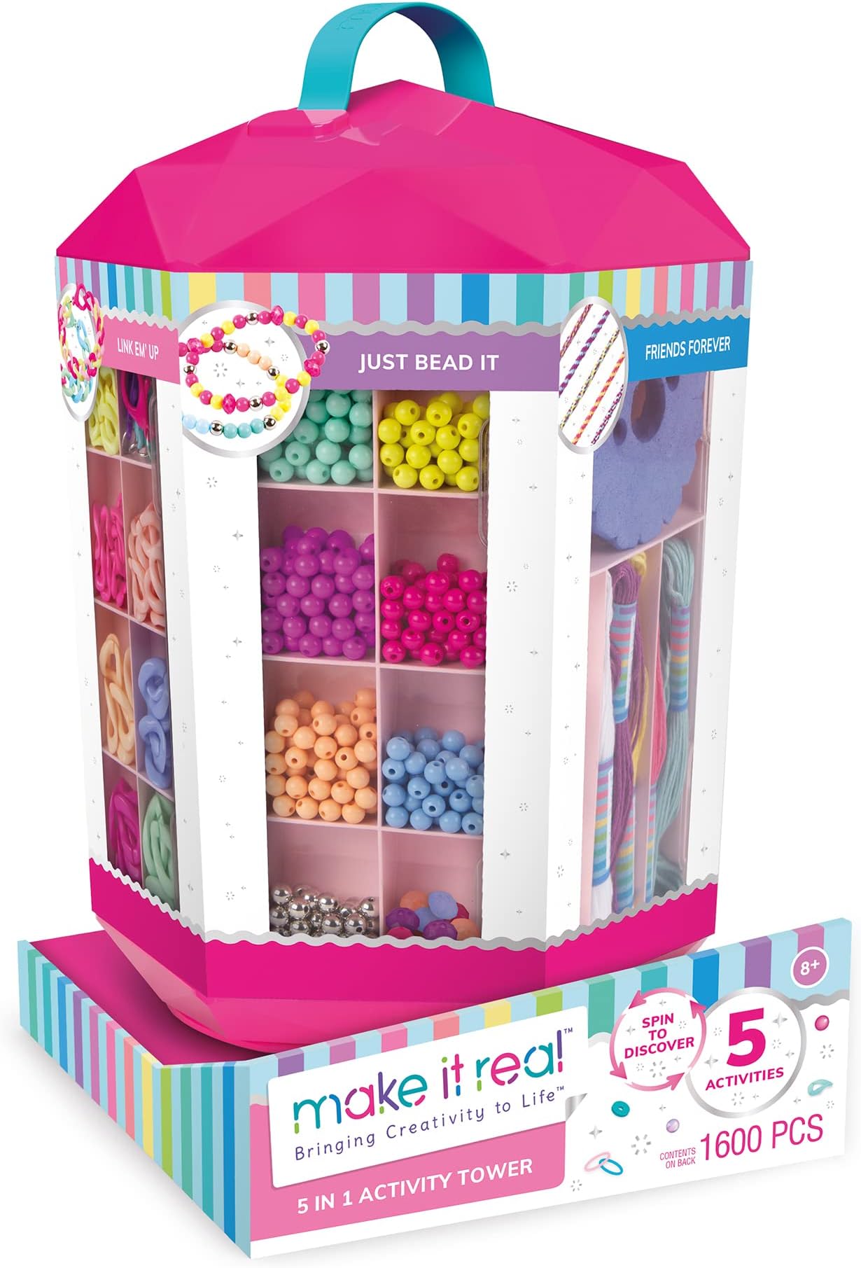 Make it Real 5 in 1 Activity Tower - Jewelry Making Kit with Storage - Heishi Beads, Plastic Links, Mini Rubber Bands, Round Beads & Thread - Friendship Bracelet Making Kit for Girls 8-10-12-14