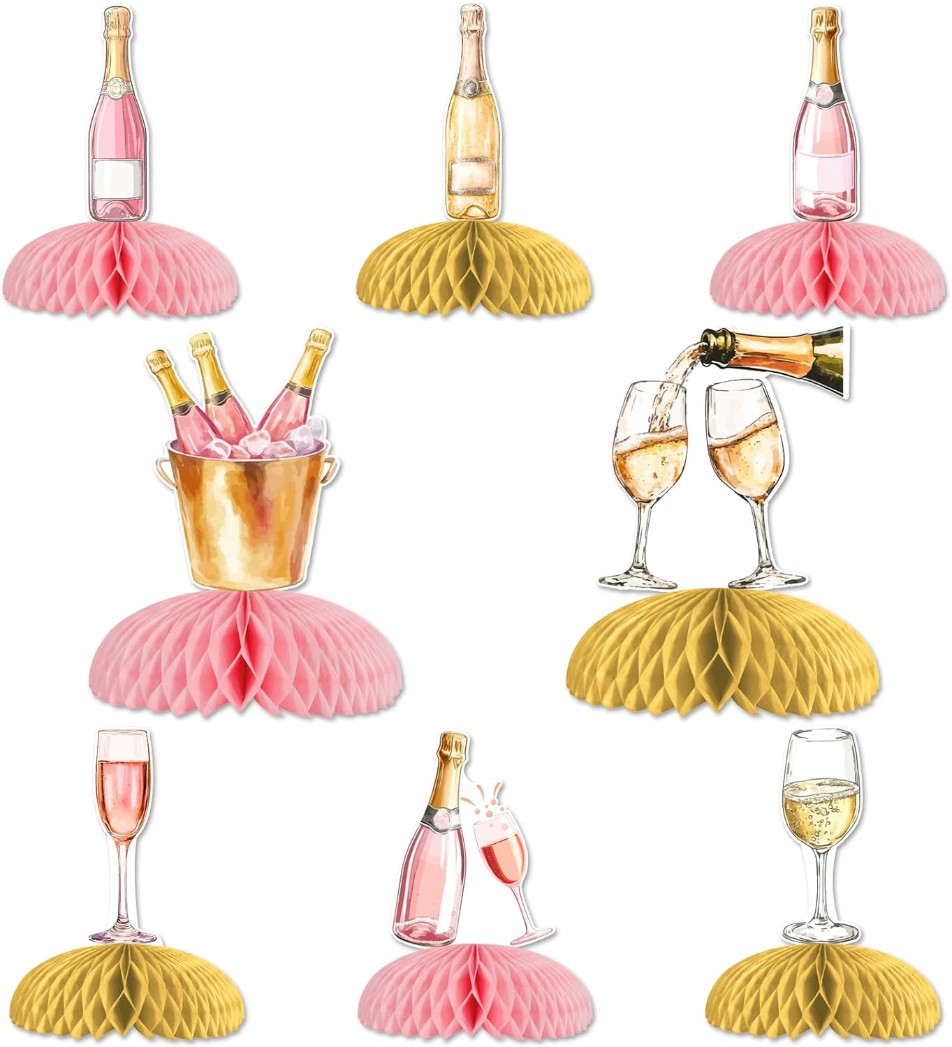 Jollyboom Champagne Table Honeycomb Centerpieces, 8pcs Pink and Gold Champagne Party Decorations Table Honeycomb Centerpieces Wine Bottle Table Topper for Women Wine Themed Party Supplies