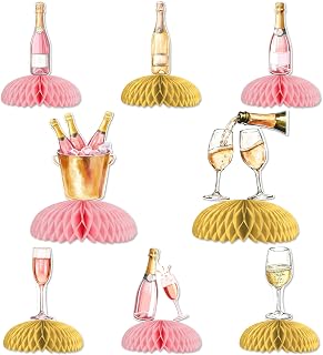 Jollyboom Champagne Table Honeycomb Centerpieces, 8pcs Pink and Gold Champagne Party Decorations Table Honeycomb Centerpieces Wine Bottle Table Topper for Women Wine Themed Party Supplies