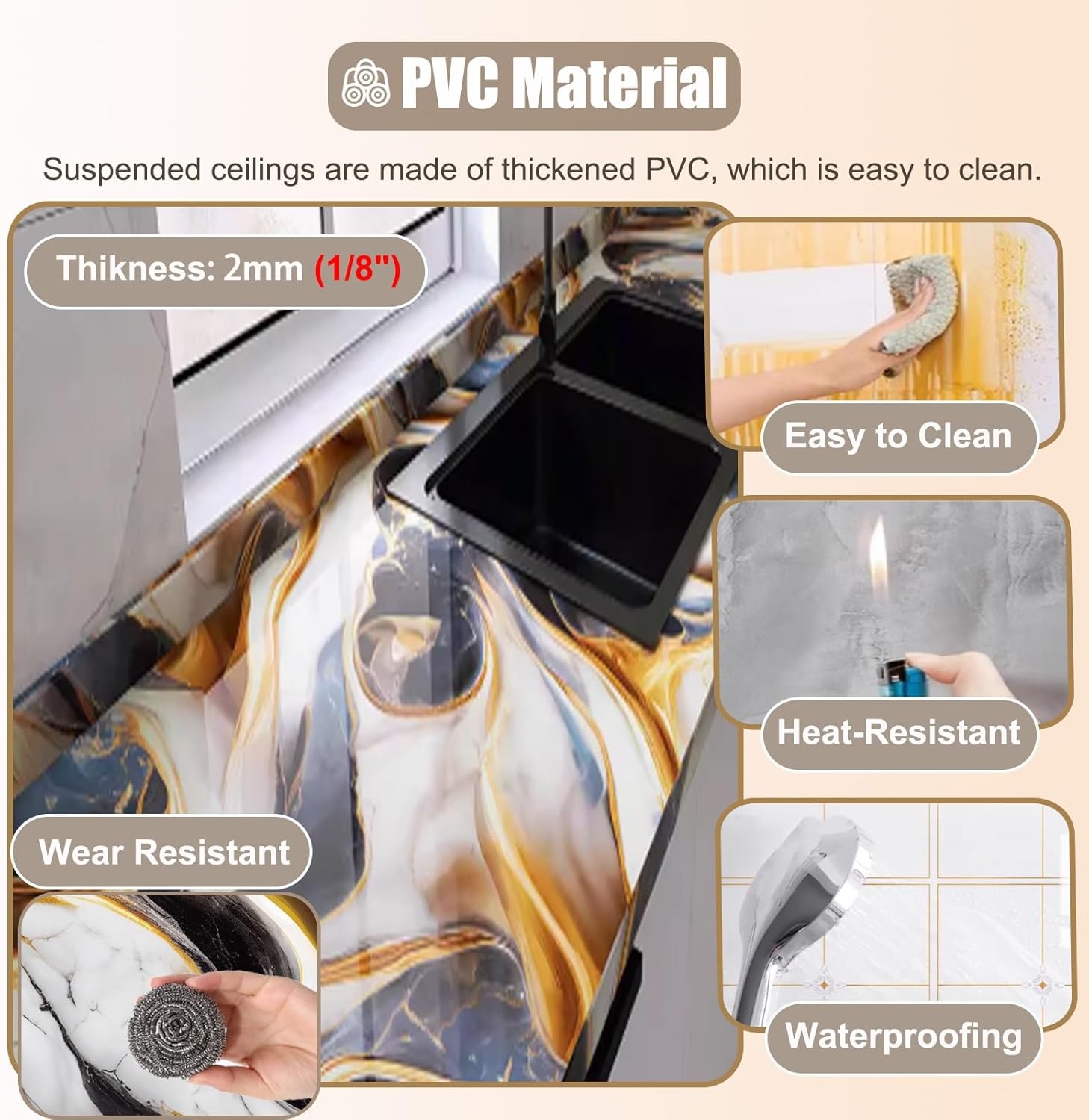 Decorative Drop Ceiling Tiles 12x12 in, Basement/Bathroom/Kitchen Ceiling Boards Wallpaper PVC, Self Adhesive Wall Panels Tile Covers for Indoors(Gold/B,2pack)