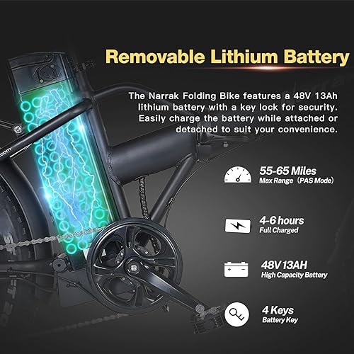 Miniatura 5 de Bicicleta eléctrica plegable Fat Tire, batería extraíble de litio de 48 V y 624 Wh, motor sin escobillas de pico de 1100 W, velocidad máxima 28 Mph,
