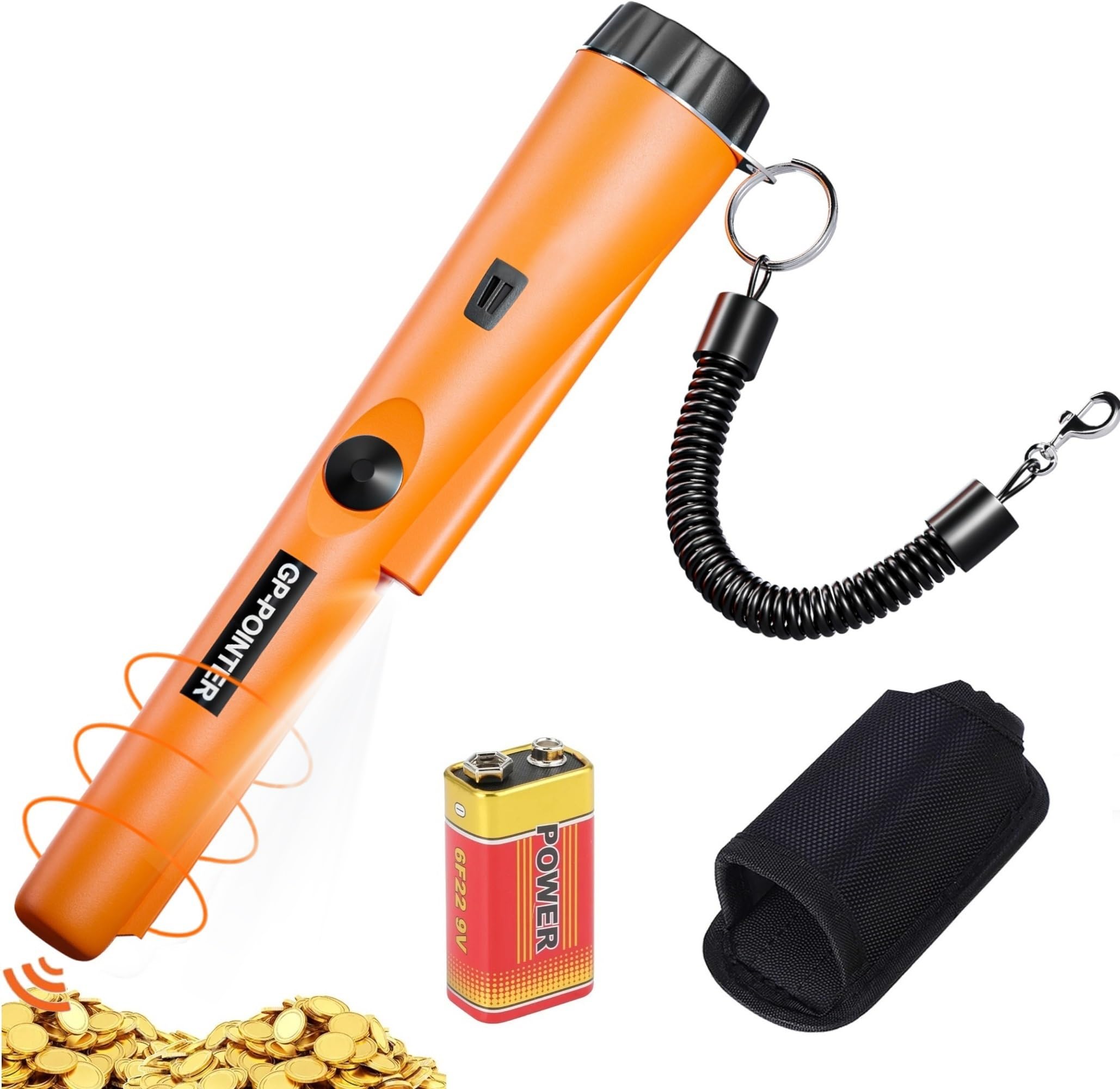 GLOBAL TECH Metal Detector Pinpointer, Professional IP66 Waterproof Handheld Pin Pointer Wand, Search Treasure Pinpointing Finder Probe with 9V Battery for Adults, Kids - Orange