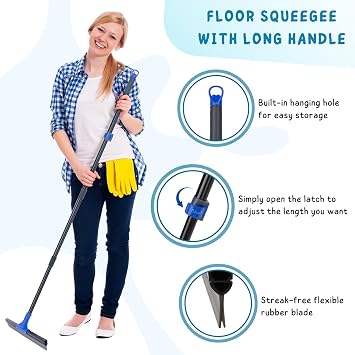 Floor Squeegee Heavy Duty, 45 cm Rubber Squeegee, Household Floor Wiper with160 cm Long Handle for Bathroom Tile, Garage Concrete, Deck, Shower Glass, Window Cleaning