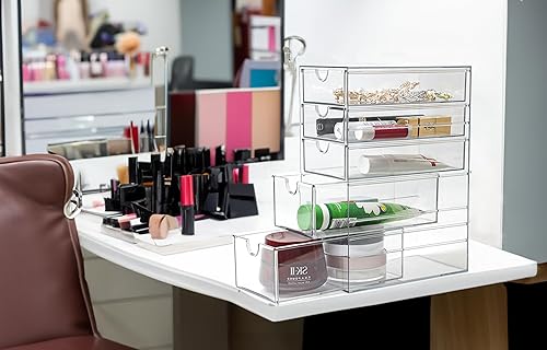 Miniatura 4 de Cajón de plástico con 5 cajones de diferentes tamaños, organizador de accesorios para el cabello gris claro transparente, organizador de baño