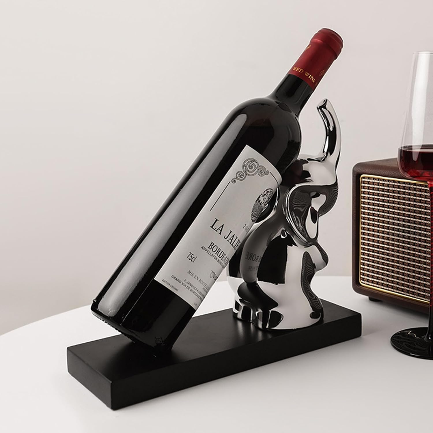 Linxia Tabletop Elephant Decorative Wine Rack Bottle Holder, Silver Ceramic Freestanding Countertop Figurine, Unique Wine Gifts and Accessories for Wine Lovers