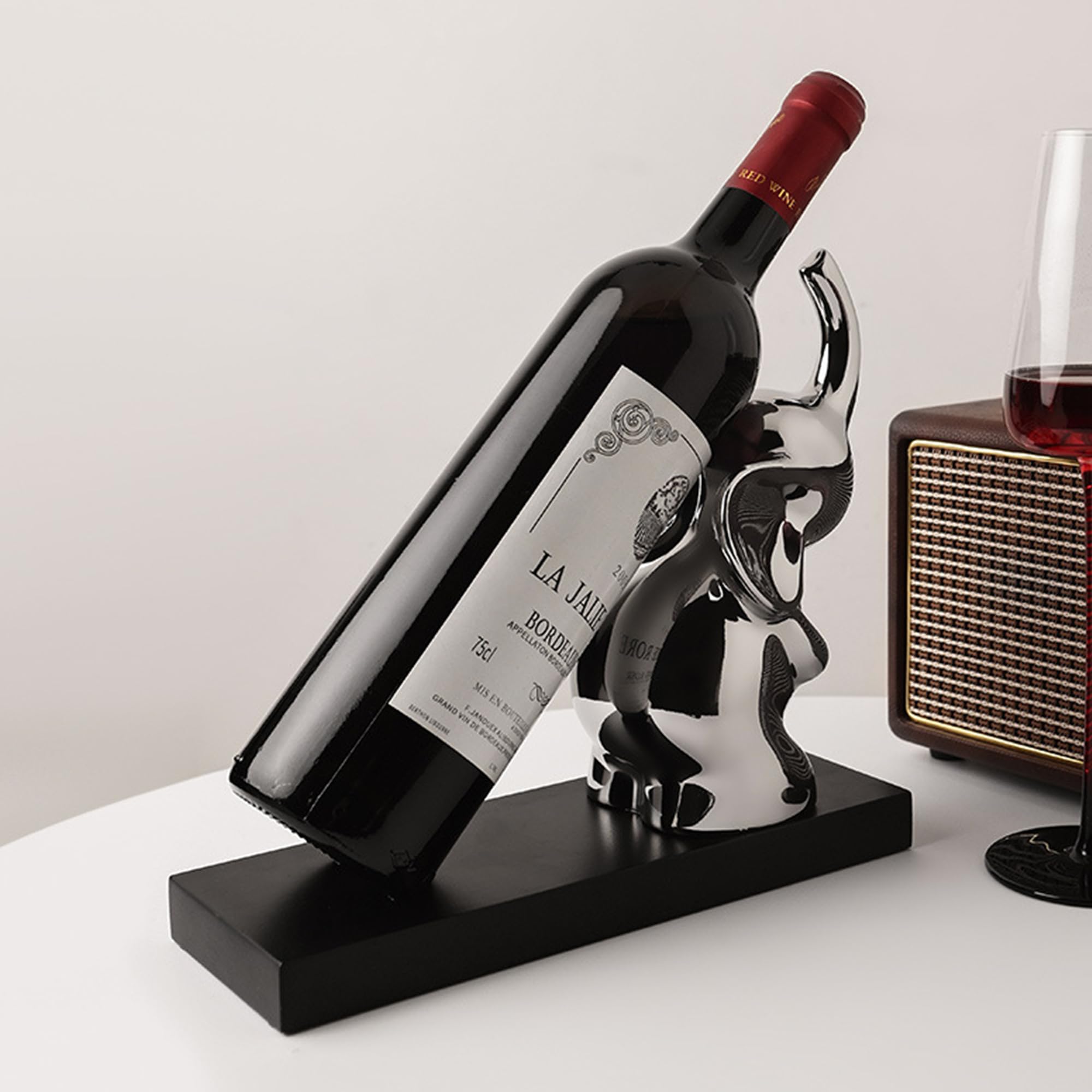 Linxia Tabletop Elephant Decorative Wine Rack Bottle Holder, Silver Ceramic Freestanding Countertop Figurine, Unique Wine Gifts and Accessories for Wine Lovers