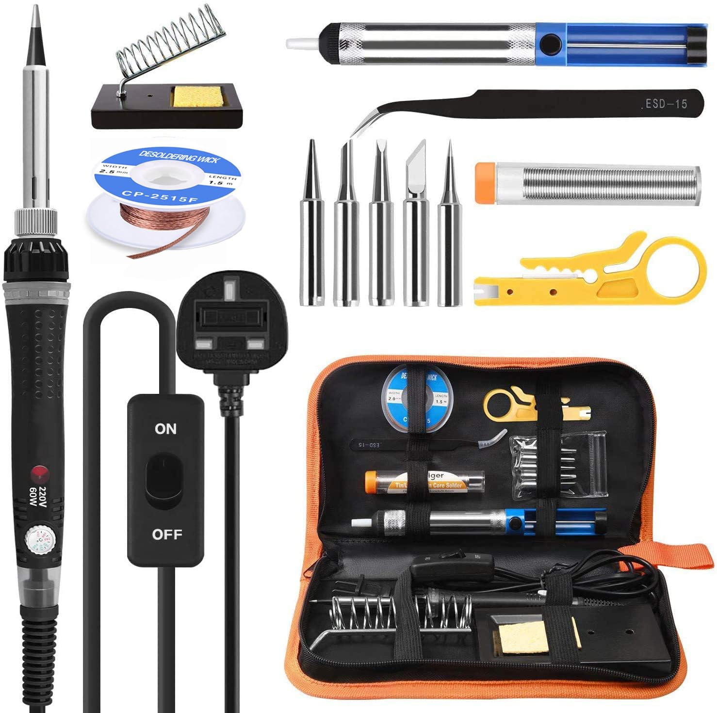 14 in 1 Soldering Iron Kit, 60W Welding Tools with Adjustable Temp 200-450°C and ON/Off Switch, Desoldering Pump, Solder Wire, Wire Stripper Cutter, Stand, Tool Case, Tweezers