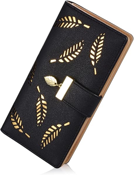 Sweet Cute Chocolate Women's Long Leaf Bifold Wallet Leather Card Holder Purse Zipper Buckle Elegant Clutch Wallet Handbag for Women - Black