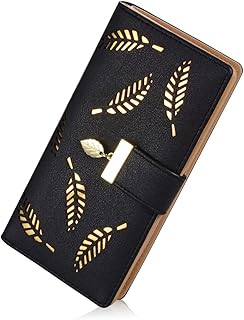 Women's Long Leaf Bifold Wallet Leather Card Holder Purse Zipper Buckle Elegant Clutch Wallet Handbag for Women - Black