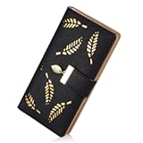 Women&apos;s Long Leaf Bifold Wallet Leather Card Holder Purse Zipper Buckle Elegant Clutch Wallet Handbag for Women - Black