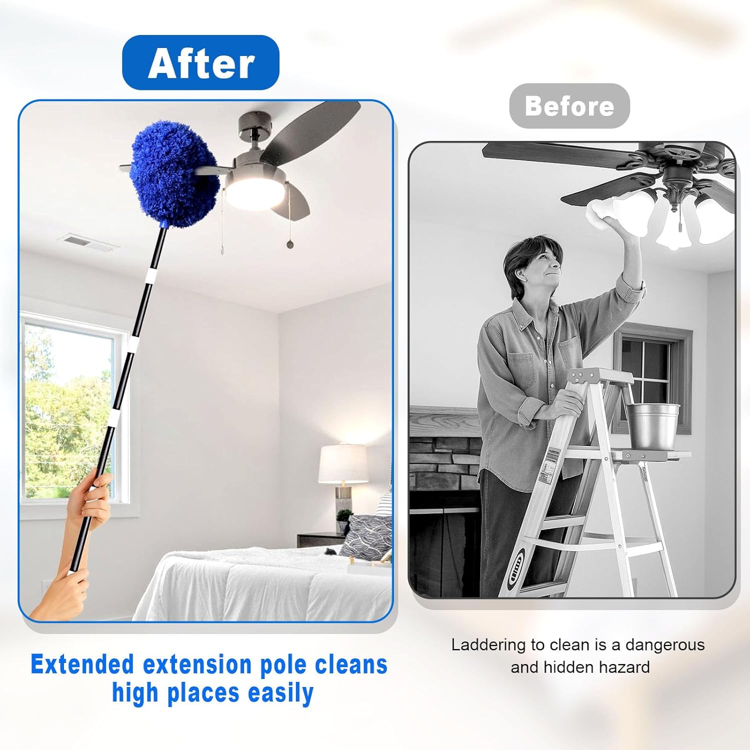 Ceiling Fan Cleaner Duster with Extra Long and Thick Extension Pole from 15 to 88 Inches,Adjustable and Removable Fan Blade Cleaner for High Ceiling, Wall Blinds Door Furniture Bookshelves