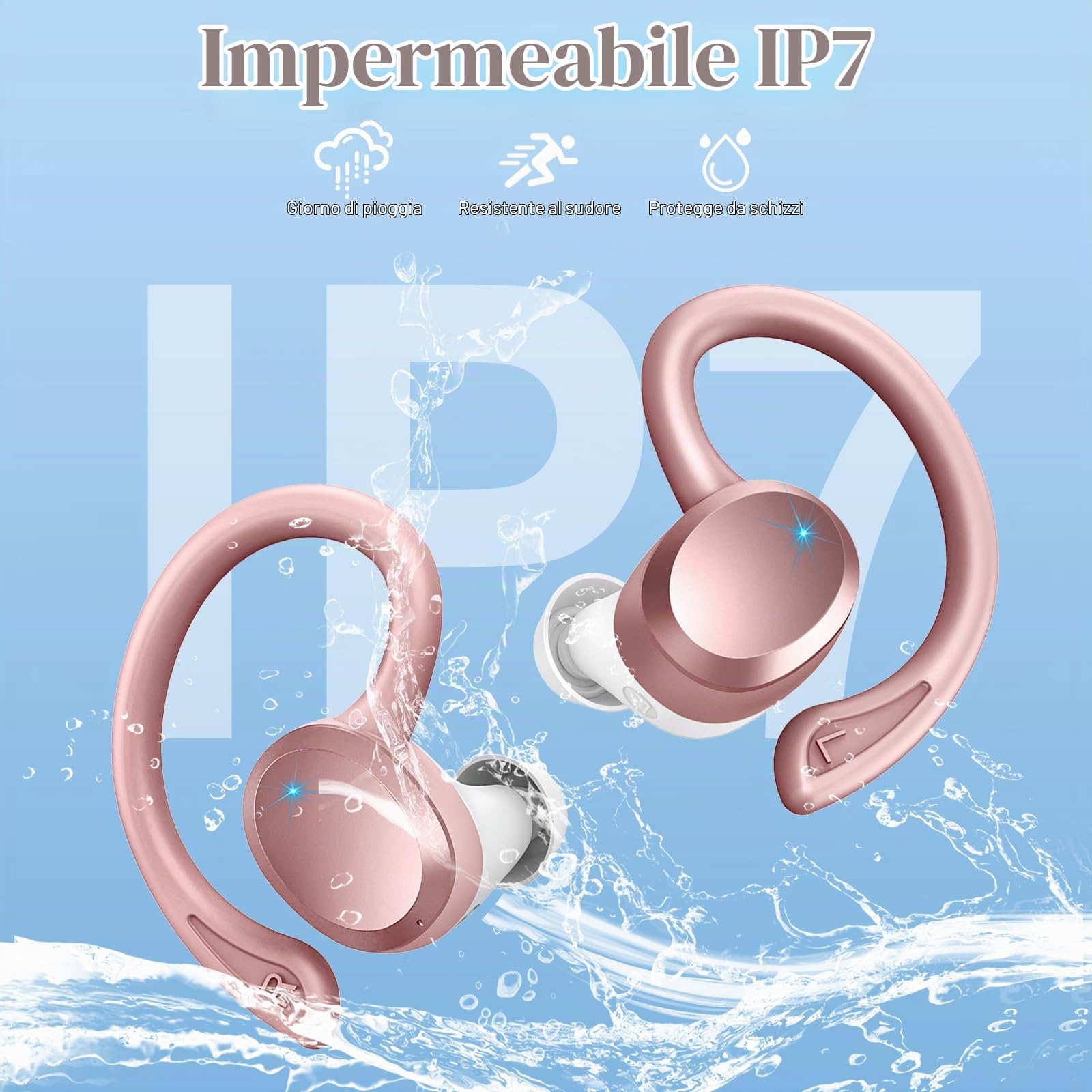 Cuffie Bluetooth Sport, Auricolari Bluetooth 5.4 con 4 ENC Mics, 48 Ore Stereo Cuffie Wireless Antirumore, IP7 Impermeabili Cuffiette Bluetooth con Display LED, Cuffie Senza Filo per Running/Palestra