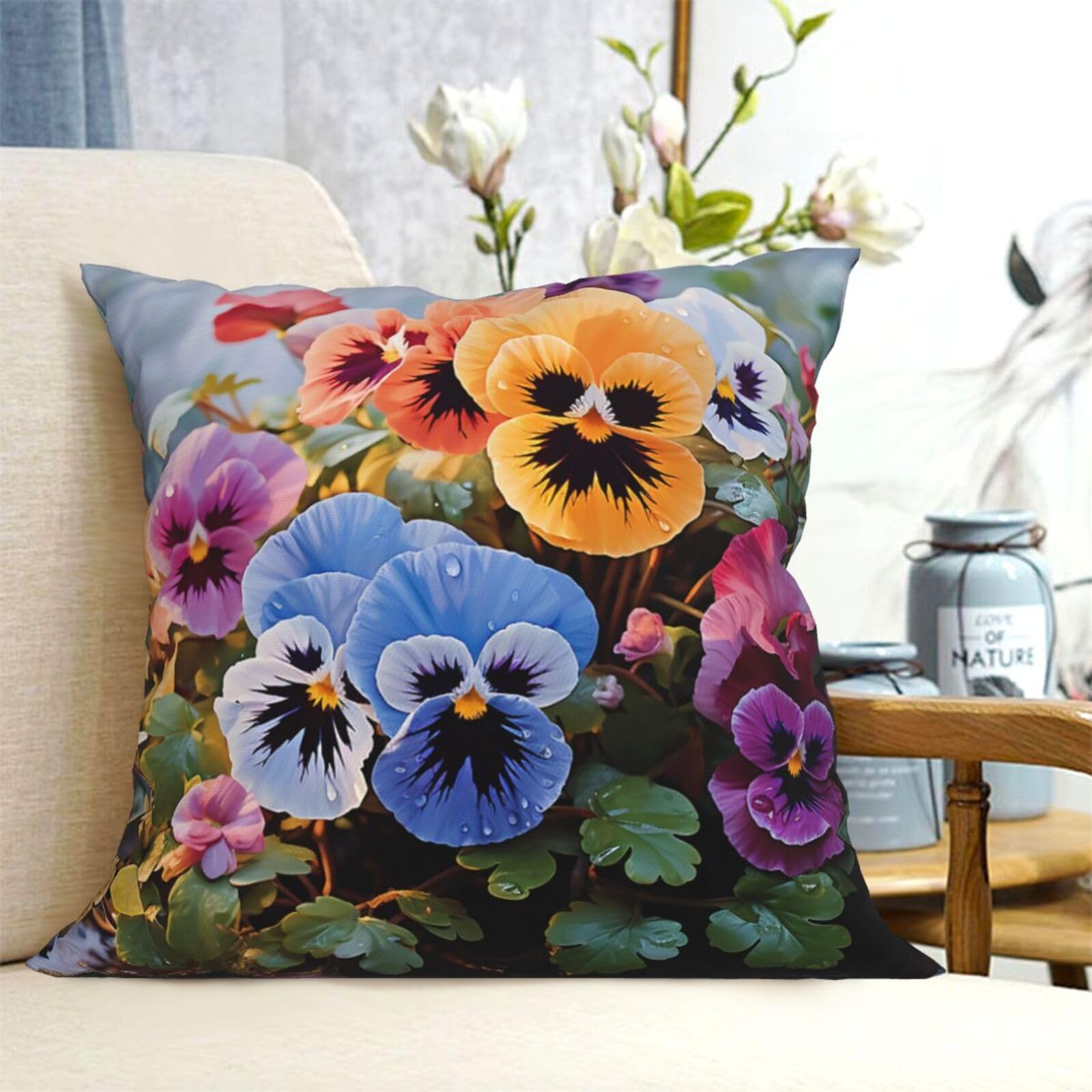 Fodpand Black Decorative Throw Pillow Covers 20"X20" Pansy Flowers Cushion Cases Square Modern Farmhouse Pillow Cases Soft Cozy Cushion Covers For Couch Sofa Bedroom Home Decor Pillowcase