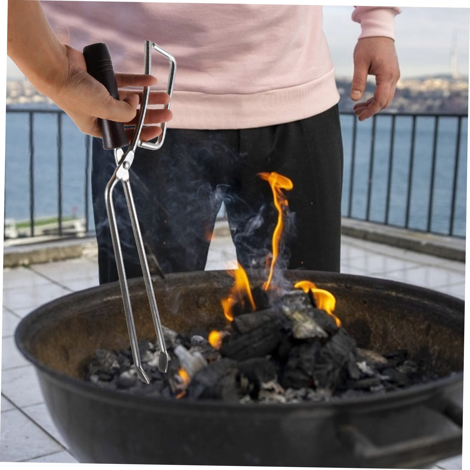 Pinza per Carbone Allungata in Acciaio Inox e Legno | Ergonomica, Resistente alle Macchie e Sicura per Cibo, Accessori per Barbecue per Festa Estiva