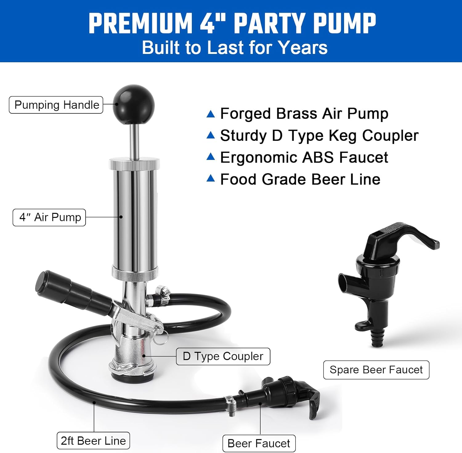 4” Keg Party Pump Keg Tap, D System Beer Keg Pump for US Sankey, Kegerator Tap Stainless Steel Probe Coupler Beer Tap with Beer Line Faucet Hose Clamps for Homebrew Picnic Parties (Silver Clamps)