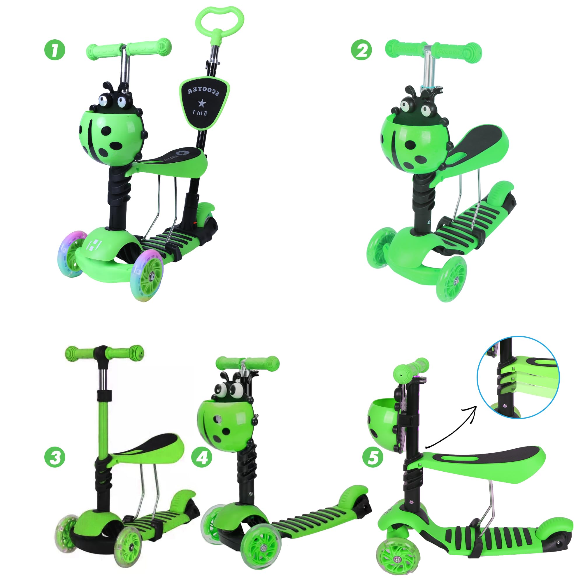 Habib 5-in-1 Kinderroller mit Rückenlehne für Jungen und Mädchen - Abnehmbarer Sitz, LED-Räder, Höheverstellbarer Lenker, Tretroller - Kinder Roller Outdoor Spiel, für 2-8 Jahre Kinder