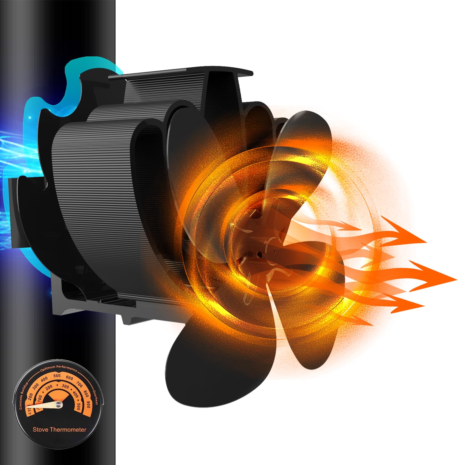 Magnetic Fireplace Fan 4 Blades Stove Fan Powerless with Temperature Bar Fireplace Fan Without Electricity for Wood Stoves, Gas Ovens, Pellet Stoves