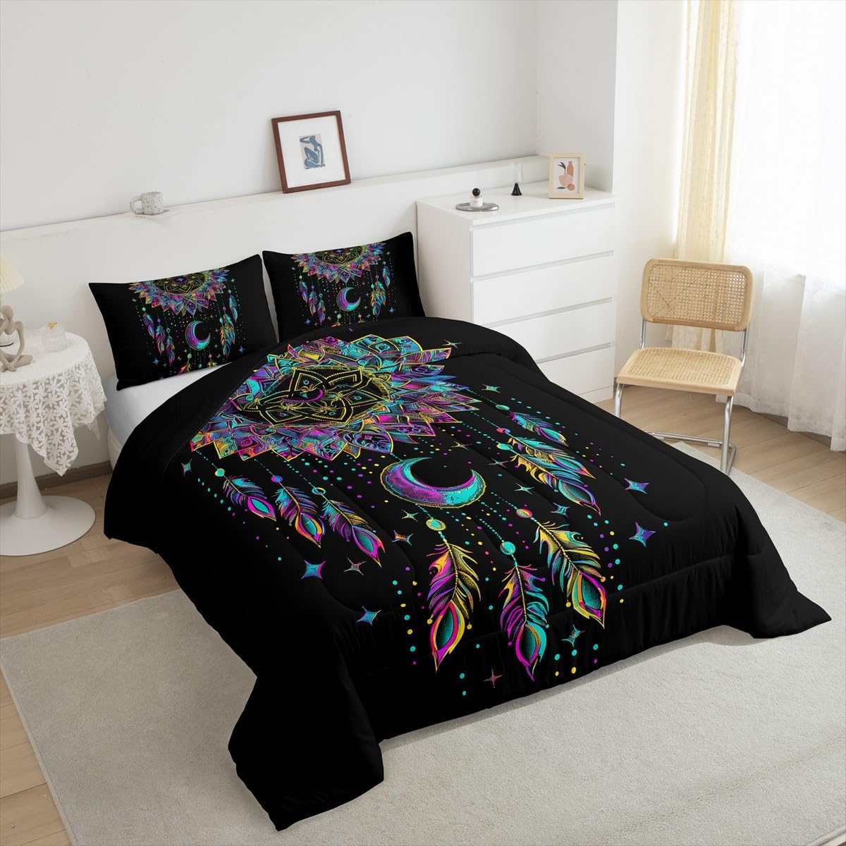 Erosebridal Dream Catcher Quilt Boho Floral Comforter Set,Dreamy Mandala Paisley Bedding Set Nordic Medallion Dreamcatcher Feather Duvet Insert Full,Ethnic Aesthetic Room Decor,Black