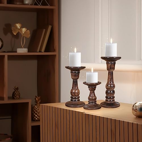 Miniatura 5 de Juego de 3 portavelas de madera (10, 8, 6 pulgadas) Portavelas de pilar hecho a mano Portavelas decorativo de madera de mango rústico para el