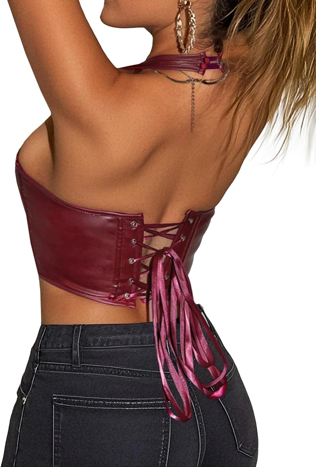 Women's Y2K Leather Halter Top Backless Corset Bustier Top Lace Up Sexy Going Out Crop Tank Halter Neck Party Club - Image 2