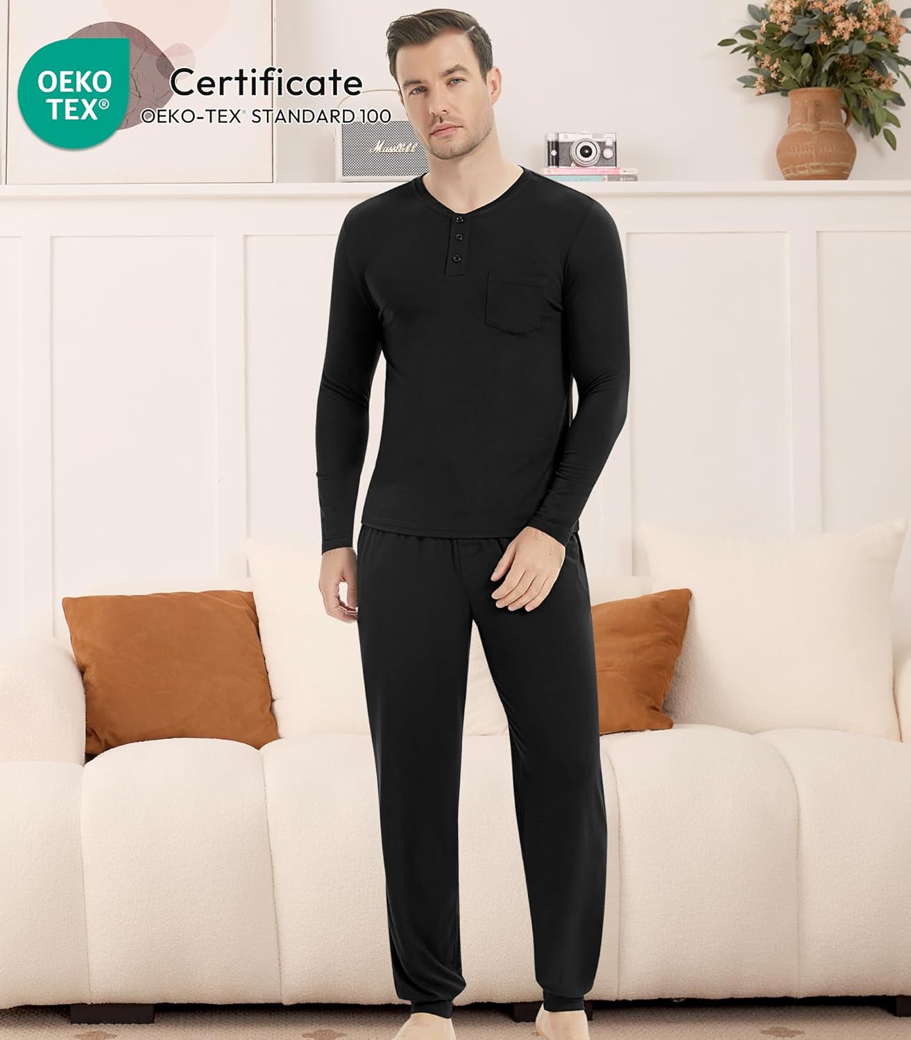 NACHILA Mens Pajamas Set Long Sleeve Henley Sleepwear Top Soft Jogger Pants Pajamas Cool Pjs Set,Viscose Made from Bamboo - Image 3