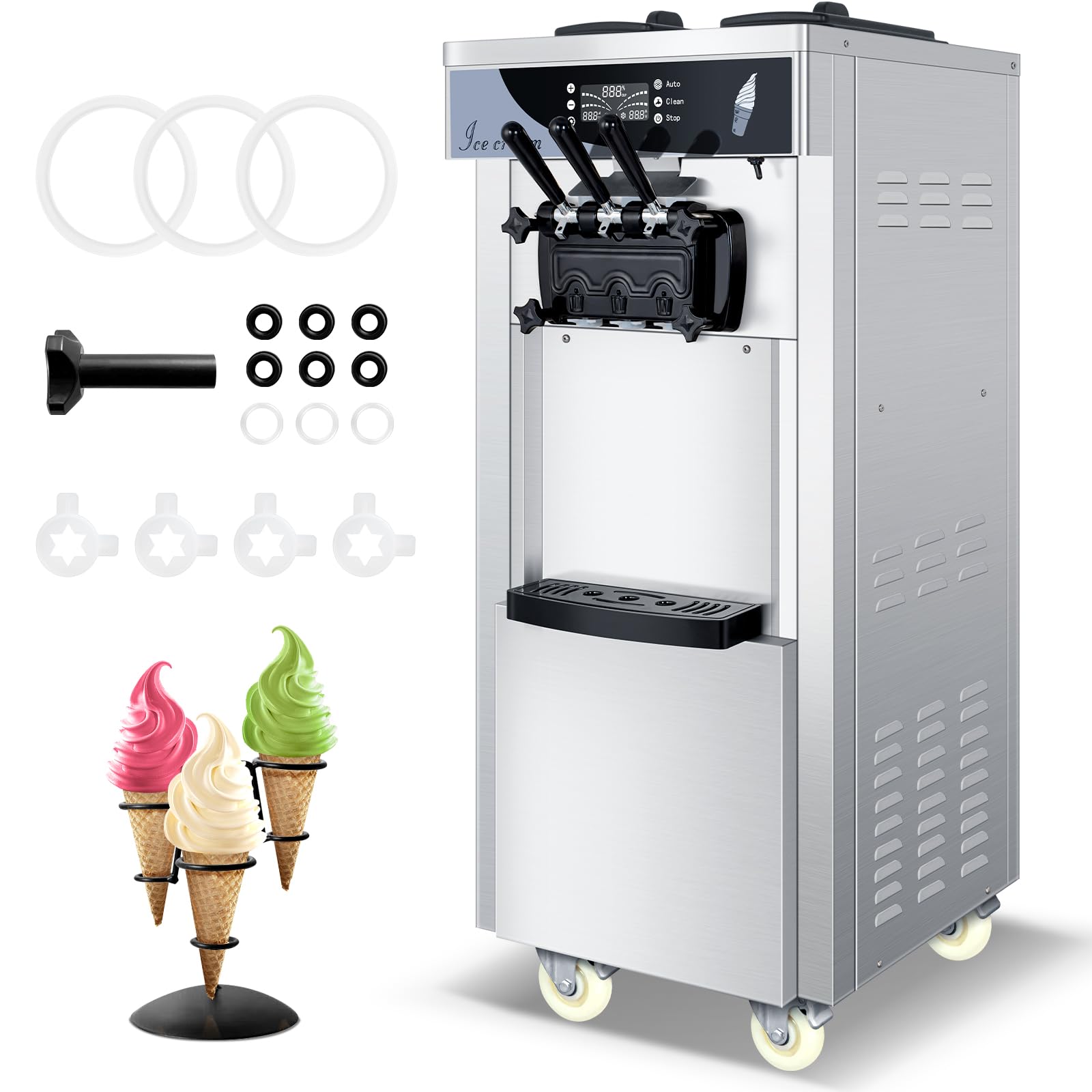 Gelatiera Professionale Soft Serve con compressore autorefrigerante, Preparazione in 15min, 1800W, autoportante, Acciaio Inox, 6L x 2